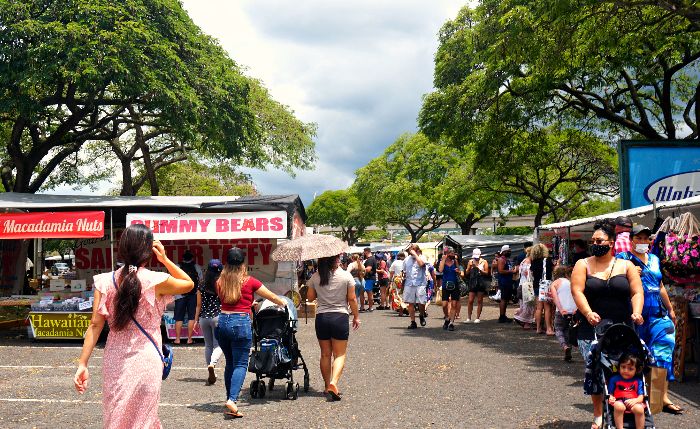 The Aloha Stadium Swap Meet is a lively and bustling marketplace held at Aloha Stadium in Honolulu, Hawaii, offering a wide array of vendors selling crafts, souvenirs, clothing, and fresh produce, providing an exciting shopping experience for visitors.