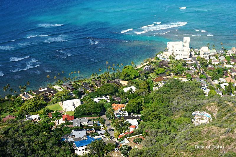 Diamond Head Trail Hotel Views While hiking the Diamond Head Trail, visitors can enjoy stunning hotel views of the Waikiki Beach area, with a backdrop of the sparkling Pacific Ocean and the majestic Diamond Head crater.