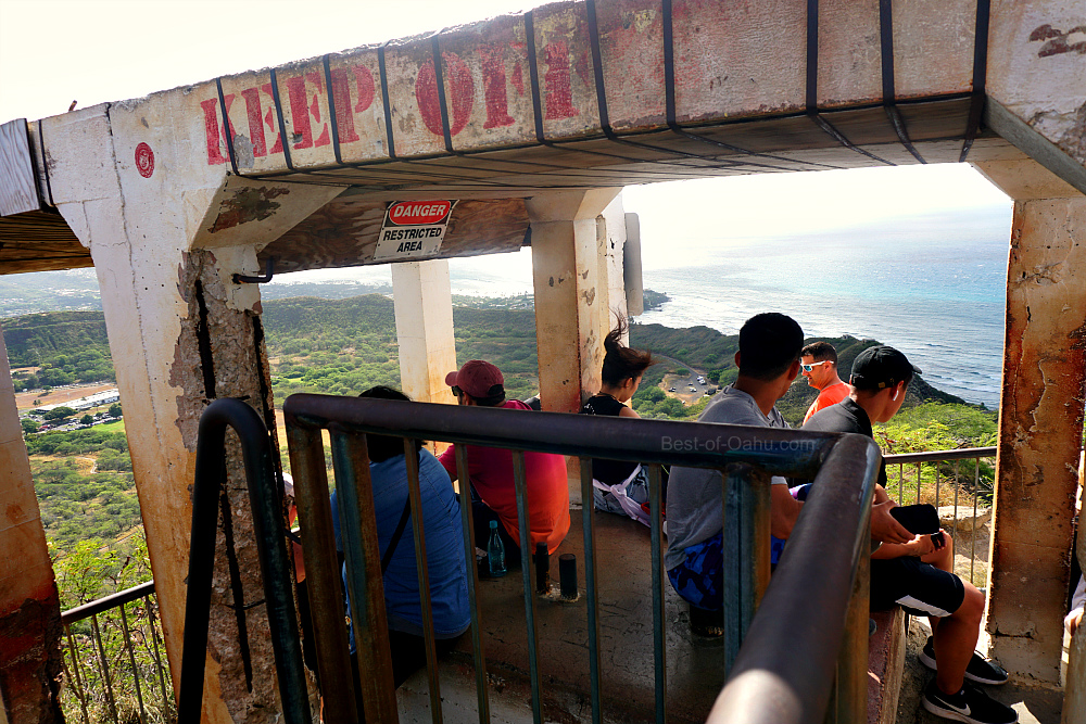 Diamond Head Trail Top At the top of the Diamond Head Trail, hikers are rewarded with breathtaking panoramic views of the Pacific Ocean, Honolulu skyline, and the surrounding natural beauty of Oahu, Hawaii.