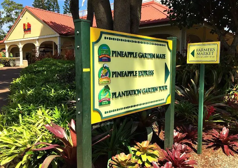 The Dole Plantation Activity Sign provides a comprehensive list of engaging and family-friendly activities, including the Pineapple Garden Maze, the Pineapple Express Train Tour, and the Plantation Garden Tour, offering visitors a variety of fun options to explore and enjoy during their visit.