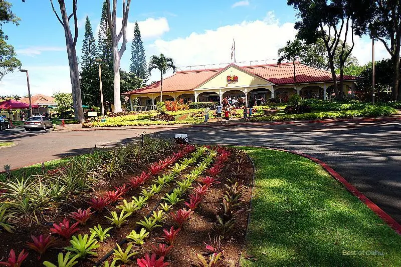 Dole Plantation on the North Shore of Oahu. This is the entrance from the parking lot with a beautiful tropical garden that leads up to the gift shop.