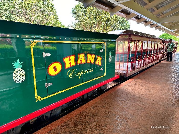 The Dole Plantation Ohana Express Train is a charming and scenic ride that takes visitors on a narrated tour through the pineapple fields and tropical gardens of the Dole Plantation in Wahiawa, Hawaii.