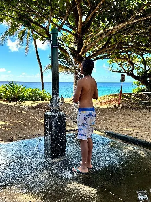 Ehukai Beach Park Showers, which are located at the top near the parking lot.
