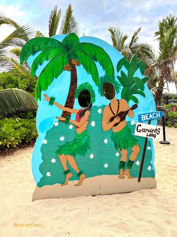 Germaines Luau Hula Photo Board Prop, where you can stick your head out of cutouts and look like you're playing the ukulele and dancing the hula.