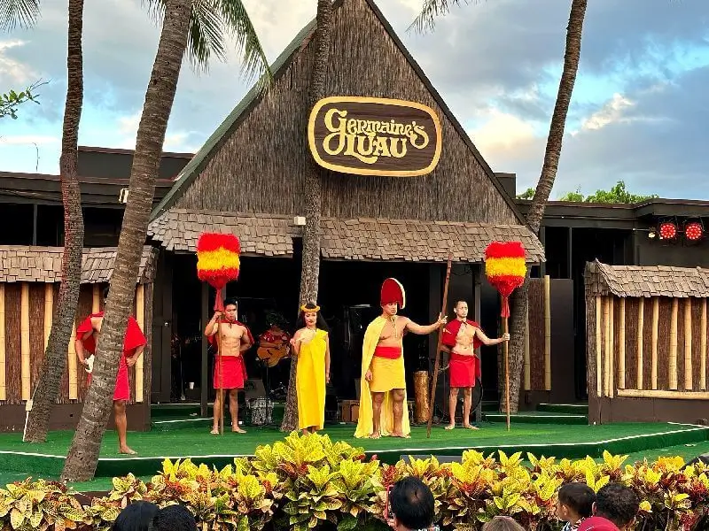 The Germaine's Luau Royal Court is a captivating show with traditional Hawaiian and Polynesian dances that enhances the luau experience at Germaine's Luau in Kapolei, Hawaii.