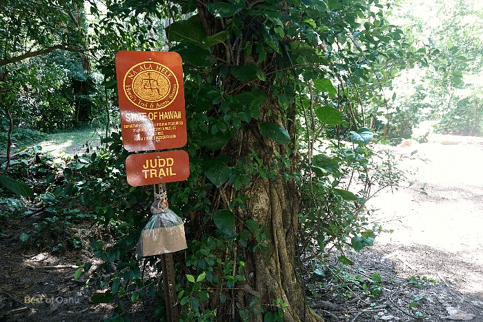 The Judd Trail Entrance Sign is a marker located at the beginning of the Judd Trail in Hawaii, providing information and directions for hikers.