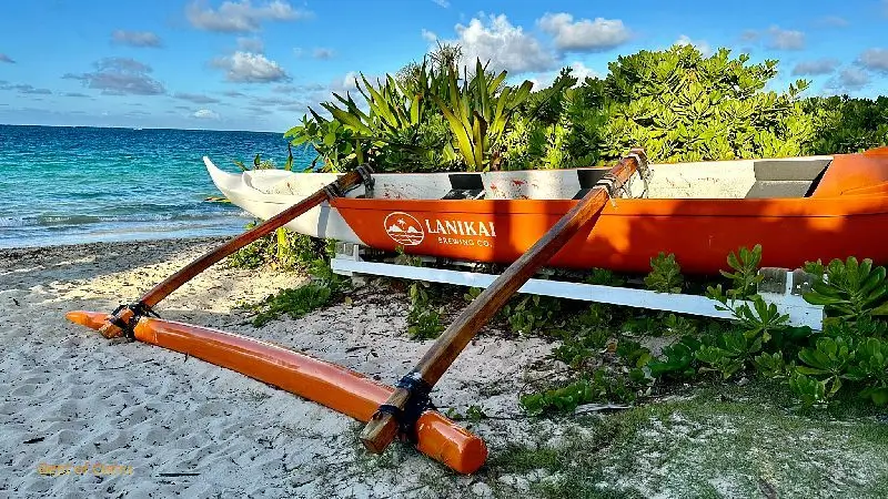 Lanikai Brewery Outrigger Canoe, resting on the side of Lanikai Beach against the bushes.