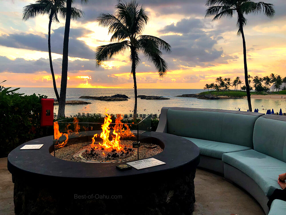 The Koolina Marriott Firepit is a cozy and inviting outdoor gathering spot at the Marriott Ko Olina Oahu Lagoons, where guests can relax, enjoy the warm ambiance, and unwind under the starry Hawaiian sky.