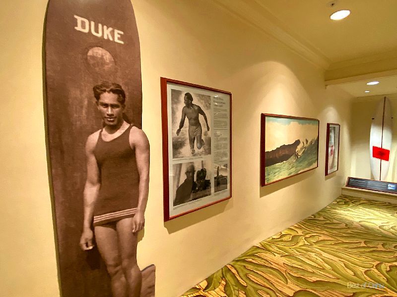 The Moana Surfrider Duke Kahanamoku Display features memorabilia and information about the legendary surfer and Olympic swimmer, Duke Kahanamoku.
