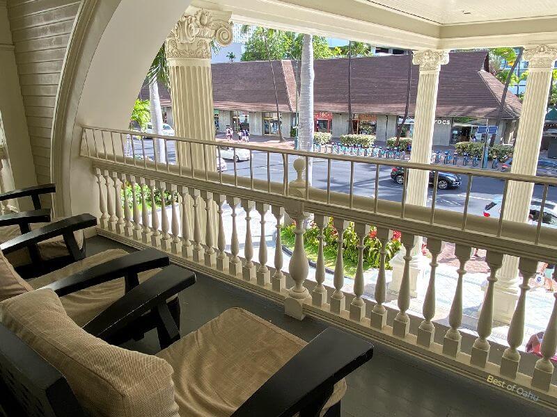 The front deck chairs at the Moana Surfrider offer guests a comfortable place to relax and enjoy the ocean view.