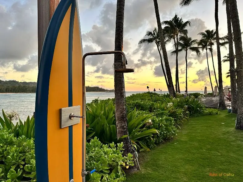 Turtle Bay Resort Surfboard Shower Turtle Bay Resort outdoor surfboard shower, near the pool area and ocean for surfers to shower off.