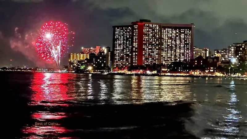 Waikiki Hilton Fireworks Waikiki Hilton Hawaiian Village Friday night fireworks display.