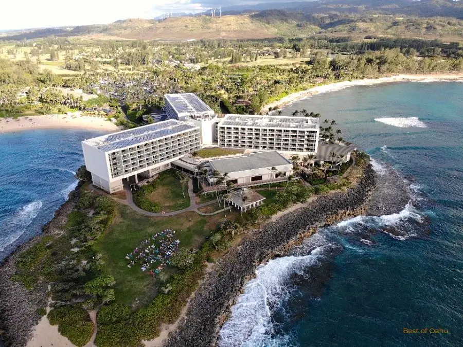 Turtle Bay Resort Drone Photo Turtle Bay Resort Drone Photo capturing the hotel and surrounding coast on both sides.